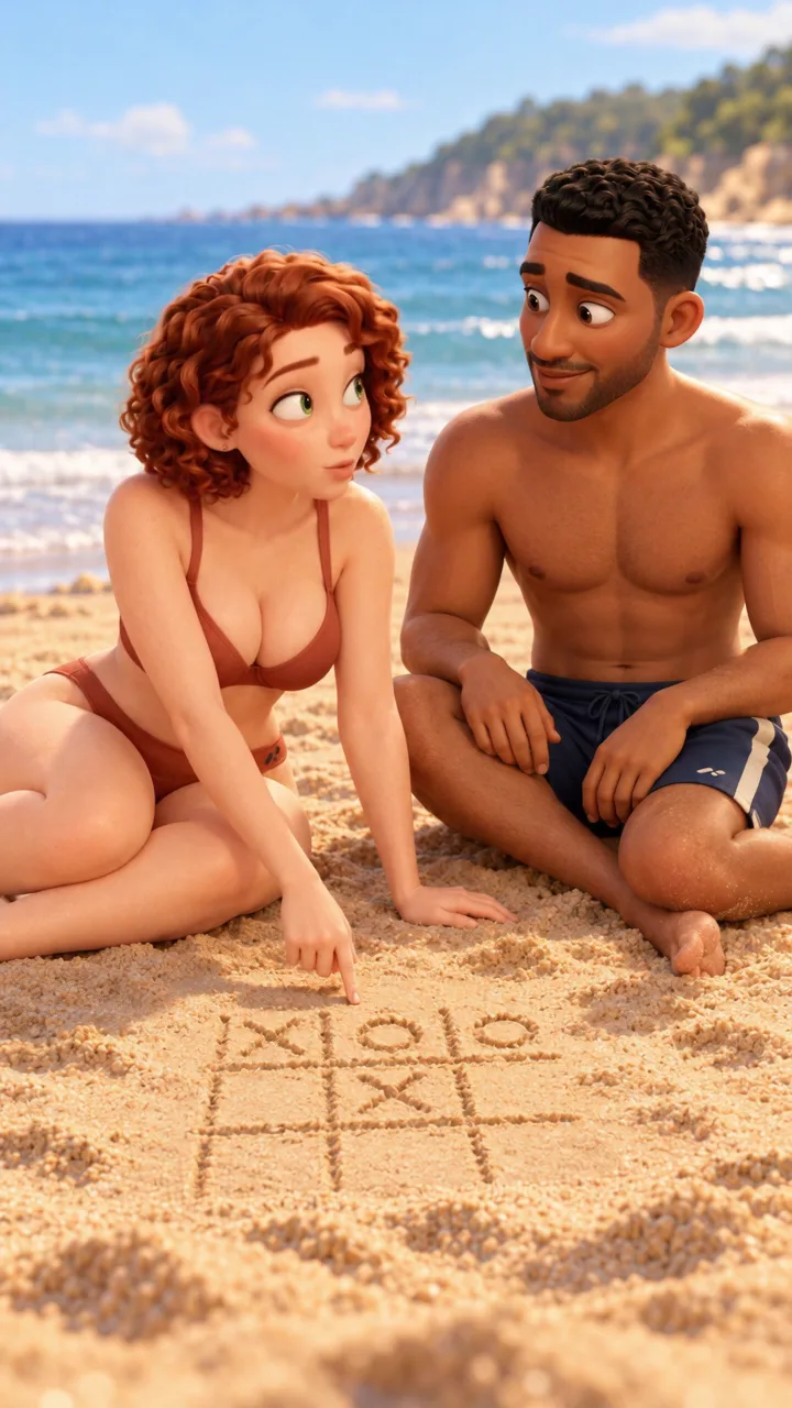Laura and Sam playing a game at the beach