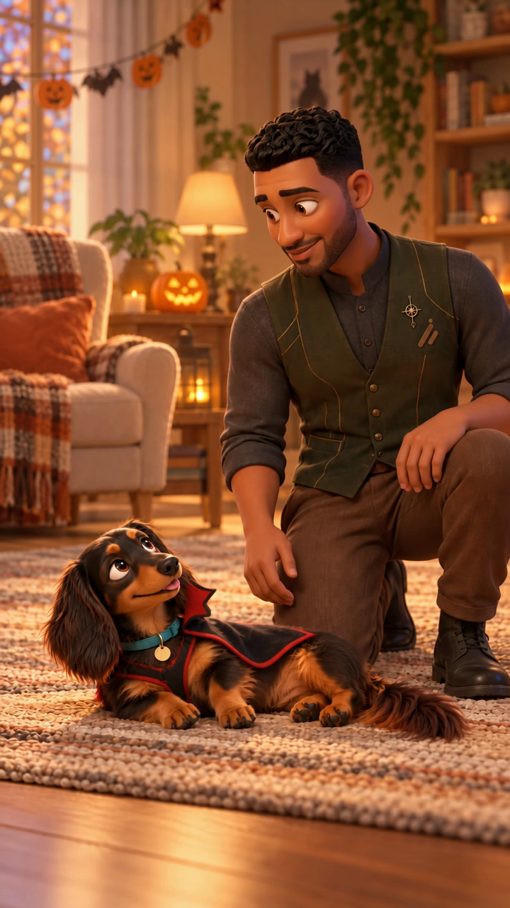 Sam and the dachshund wearing Halloween costumes