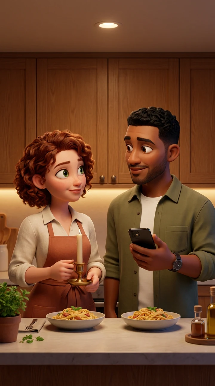 Maya and Leo in a warmly lit kitchen