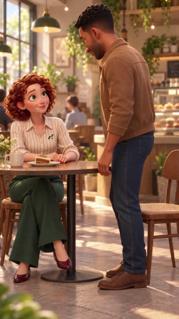 Laura and Sam meeting over cake in a cafe