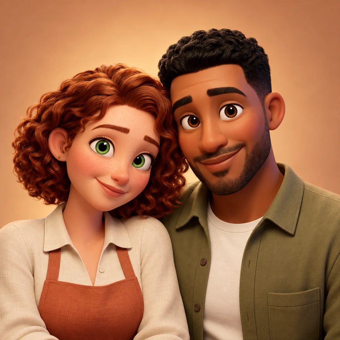 Maya with auburn curls and green eyes beside Leo with dark curls and a warm smile