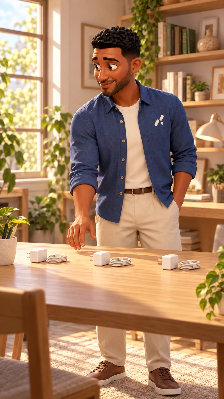 Leo alone, with dark curls and brown eyes, wearing a blue overshirt beside three carefully prepared charger kits