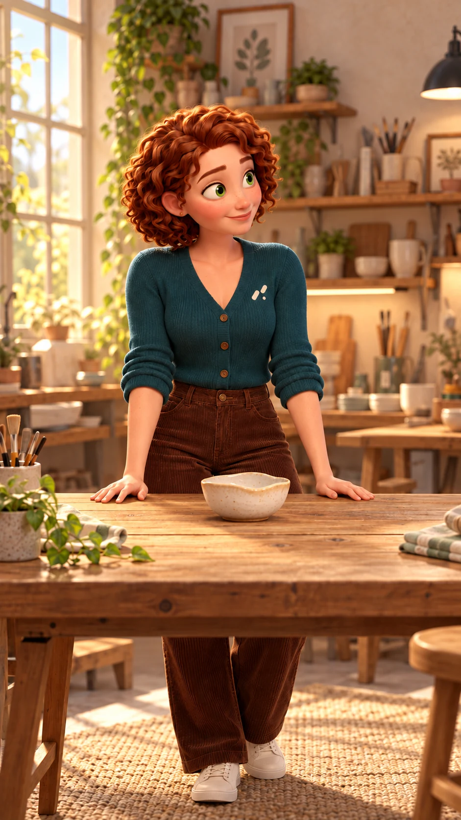 Maya alone, with auburn curls and green eyes, wearing her teal cardigan beside a handmade ceramic bowl