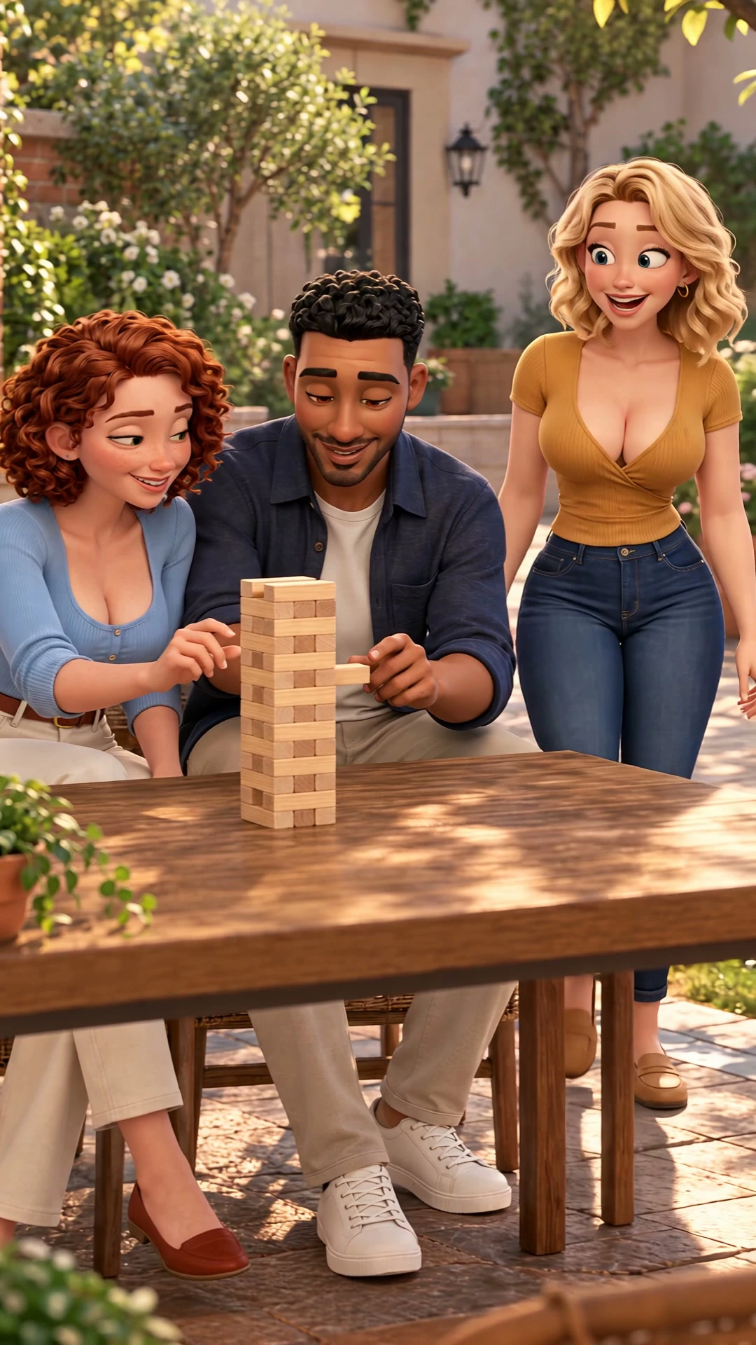 Sarah joins Laura and Sam at their courtyard block game