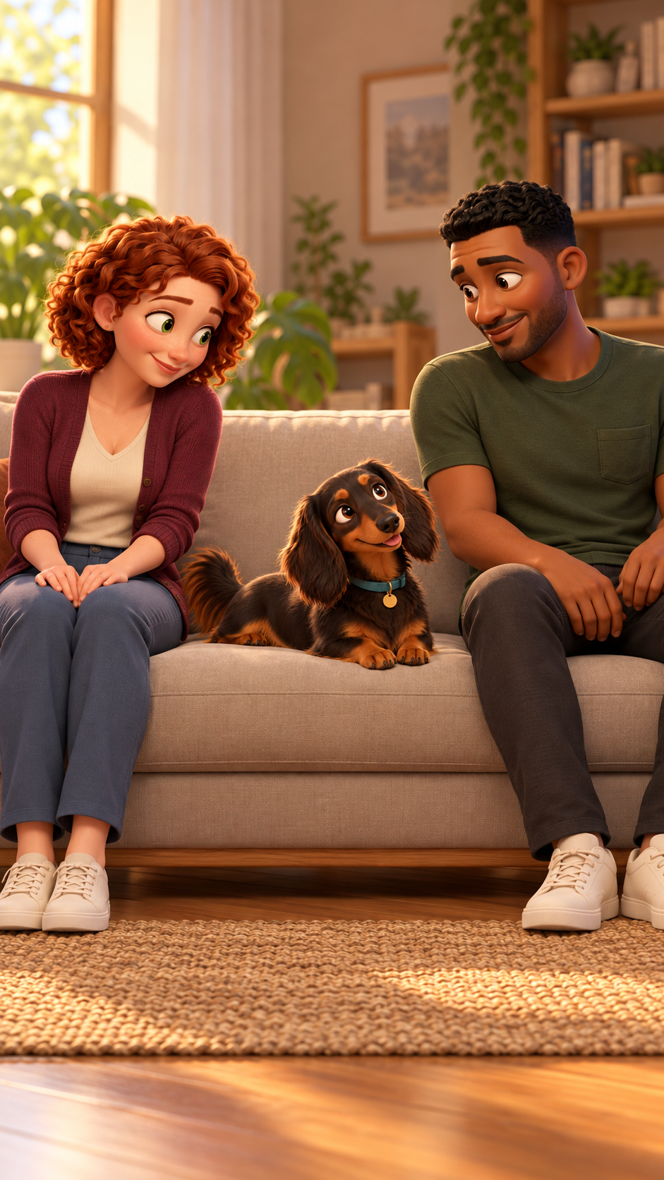 Laura and Sam sitting on a sofa with their dachshund
