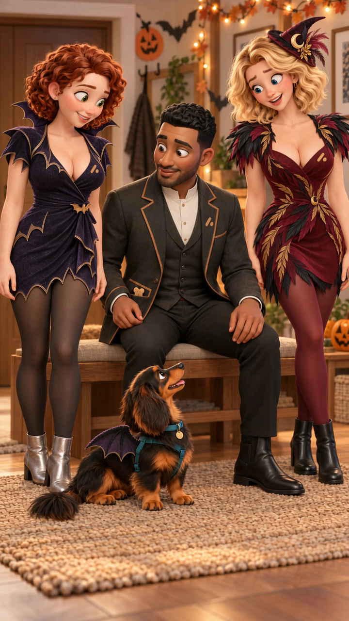 Laura, Sarah, Sam and their dachshund in Halloween costumes