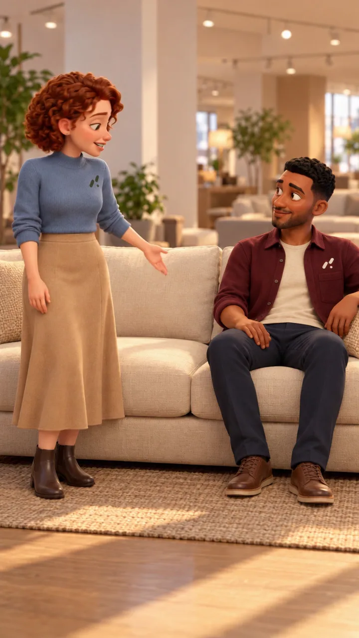 Laura and Sam trying a comfortable sofa