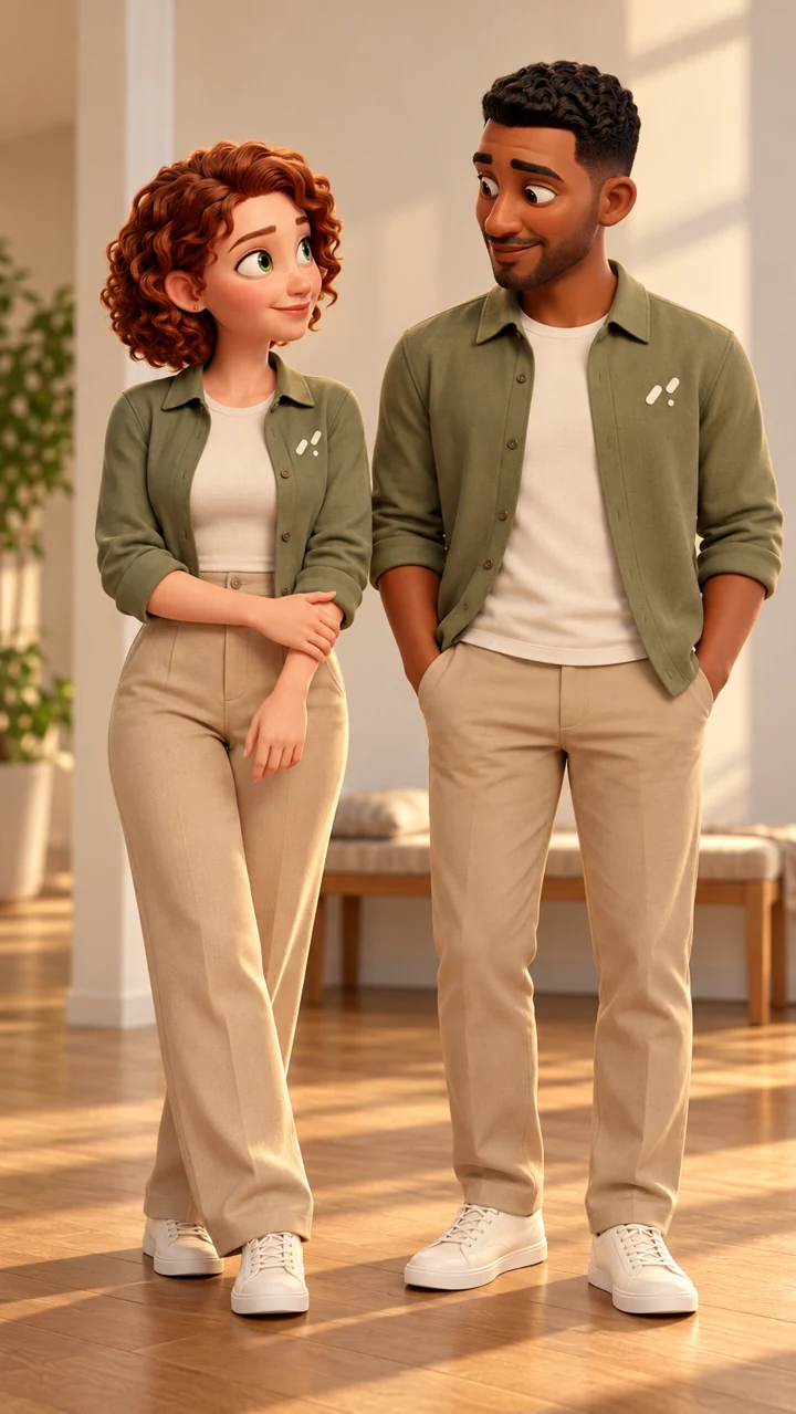Maya and Leo in matching olive outfits